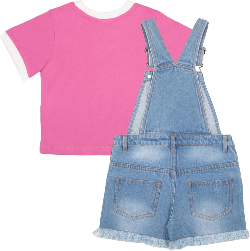 Barbie Girl's Crewneck T-Shirt and Denim Short Overalls 2-Piece Set Pink Convertible Tee and Jean Shortalls for Kids - Image 2